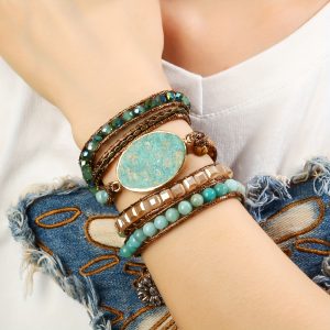 Boho Vacation Style Natural Stone Wrap Bracelet - Multi-Layer Beaded Woven Cord - Summer Daily & Gift Occasion - Thanksgiving Holiday Theme - No Plating, 6mm Beads