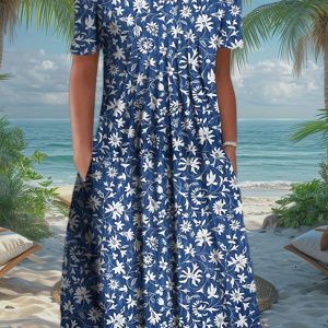 Plus Size - Large Floral Print Round Neck Dress, Summer Pocket Length Dress For Women'S Wear