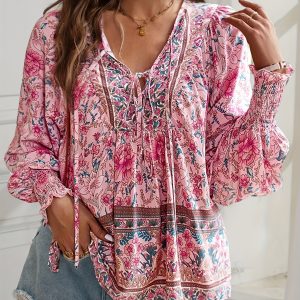 Women'S Elegant Long Sleeve V-Neck Blouse with Floral Print, Drawstring Detail, and Lace-Up Waist - Perfect for Vacation and Casual Attire, Casual Attire Blouse | Floral Print Top | Polyester Fabri