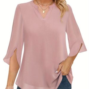 Women's 3u002F4 Sleeve Chiffon Blouse V-Neck Double Layer Ruffle Loose Fit Casual Top