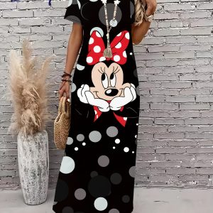 Plus Size, Women's Plus Size 3D Printed Minnie Mouse V-Neck Off-Shoulder Long Dress - Polka Dot & Red Bow Design, All-Season Casual Elegant Machine Washable Cartoon Character Dress, Dress, Relaxed Fit Attire, Flowy Skirt Style
