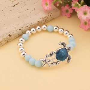 Vintage Zinc Alloy Turtle Charm Bracelet with Starfish and Light Blue Beads - Perfect for Everyday Wear and Celebrations