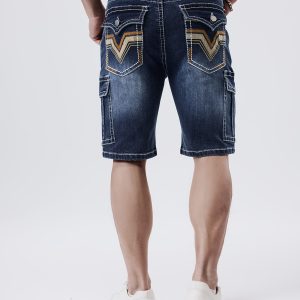 Men'S Thick Thread Embroidery Classic Multi-pocket Elastic Denim Shorts