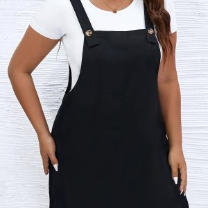 Elegant Plus Size Solid Color Knit Overall Dress with Pockets - Stretchy, Machine Washable, Square Neck for Women - For Springu002FSummeru002FFall - Perfect for Casual & Chic Occasions - Ideal Gift for Women