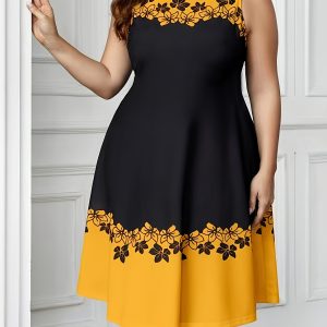Women'S Plus Size Elegant Sleeveless Floral Print Dress - Black with Yellow Accents, Round Neck, Stretchy Polyester Fabric, Perfect for Springu002FSummer Casual Wear, Casual Summer Wear|Floral Print Dress|Elegant Design, Floral Print Dres