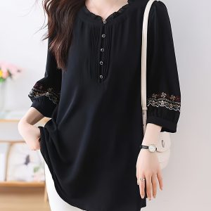 Elegant Loose-Fit Mom Top with Embroidered Detail - Crew Neck, Long Sleeve, Polyester Blouse for Women, Perfect for Springu002FSummeru002FFall, Stylish Adult Clothing | Relaxed Fit Top | Polyester Fabri