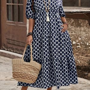 Women'S Elegant Geometric Print Notched Collar Maxi Dress with Ruffle Hem - Lightweight Polyester, Non-Stretch, Perfect for Springu002FFall, Blue & White Circle Pattern, Casual Elegant Attire | Notched Collar Dress | Pleated Detailing