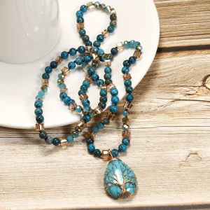 New Fashion Spring Boho Women'S Jewelry 6Mm Natural Stone Knotting Necklace Hand Wrapped Metal Tree of Life Stone Drop Pendant Necklace Mother'S Sweater Chain