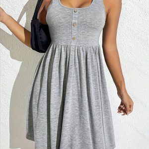 Women's Comfort Square Neck Front Button A-Line Dress - Mid-Stretch Polyester, Machine Washable, All-Season Versatile Casual & Formal Wear, Relaxed Fit with Faux Buttons, Solid Color, Button Front Dress, Medium Stretch Material, Polyester Fabric