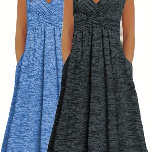 Set of 2 Women'S Plus Size Casual Printed Mid-Length Skirts with Pockets, Featuring a V-Neck Short Sleeve Design Made of 95% Polyester And 5% Spandex, Perfect for Summer Evening Outings, Sleeveless Jumpsuit with Pockets.
