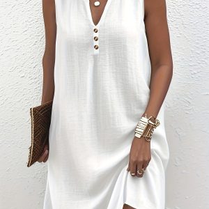 Women's Summer Sleeveless V-Neck Button-Front Vest Dress - Lightweight Breathable Solid Color Elegant Resort Style, Machine Washable for Casual Outings & Beach Vacations, Beach Dress, Vacation Outfit, Linenlike Fabric