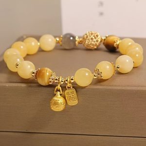 Elegant Citrine Bead Bracelet with Golden Charm - Bohemian Style, Natural Stone, Perfect for Casual Attire & Gifts