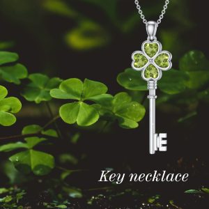 Key Necklace 925 Sterling Silver Green Peridot Four Leaf Clover Key Pendant Good Luck Jewelry Gifts for Women