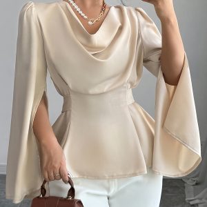 Women'S Elegant Solid Color Long Sleeve Top with Lace-Up Bow-Knot Detail, Polyester 100%, Lapel Collar, Split Sleeve Design, Woven Fabric, Lightweight 125gu002Fm for Springu002FSummeru002FFall