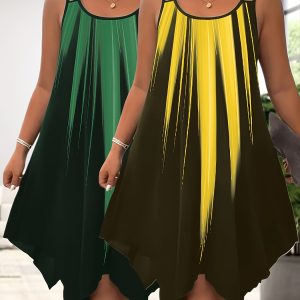 Liu Mili Targeted Style2pcs Combination Large Size Gradient Print Suspender Dress, Vacation Style Asymmetric Hem Sleeveless Round Neck Shoulder Straps Dress