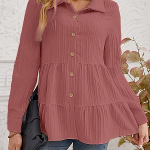 Women's Elegant Long Sleeve Button-Up Shirt - Solid Color, Ribbed Texture, Lightweight Polyester Blend, Machine Washable, Springu002FFall Casual Wear, Ladies T Shirts