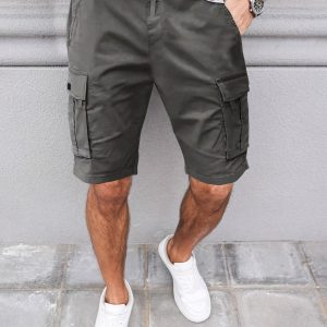 Men'S Streetwear Cargo Shorts with Drawstring Waist & Flip Pocket - Olive Green, Casual Outdoor Hiking Shorts, Comfortable Regular Fit, Non-Stretch Fabric, Solid Color Design, Hiking Gear