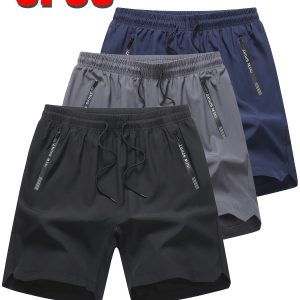 3pcs Men'S Athletic Shorts - Breathable Summer Casual Shorts with Elastic Waistband, Drawstring, and Side Pockets, Gray with Black Accents, Perfect for Outdoor Activities, Sports, and Leisure