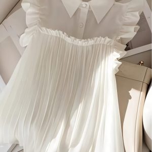 White Chiffon Top with a Refined French-Style Polo Collar.