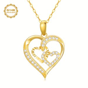14K Real Golden Heart Necklace For Women, Yellow Golden Love Pendant Necklace Triple Hearts Jewerly Gifts