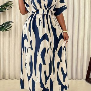 Women's Elegant Casual Cross Neck Short Sleeve Dress - Navy & White Abstract Print A-Line Midi, Breathable Non-Stretch Fabric, Hand Wash Only, All-Season Versatile for Casual Outings & Semi-Formal Events, Flowy Fabric Gown