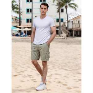Men'S Casual Loose Fit Cargo Shorts - 5 Inch Breathable Workwear with Pockets, Olive Green Outdoor Sports Shorts for Beach & Leisure Activities, Beach Shorts, Leisure Activity Attire, Functional Pocket Design, Nonstretch Fabric