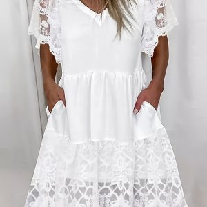 Plus Size, Large V-neck Lace Lace Short Sleeved Dress