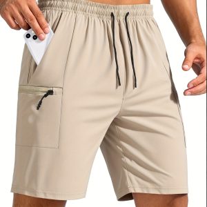 Men's Quick-Dry Lightweight Hiking Shorts with Zipper Pockets - Moisture-Wicking Gym Running Outdoor Sports Shorts, Regular Fit Machine Washable Solid Color, Athletic Activewear, Elastic Drawstring Waist, Sleek Construction