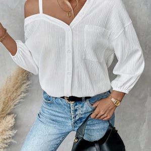Women's Elegant Off-Shoulder Button-Up Shirt - Long Sleeve, Asymmetrical Collar, Loose Fit, Solid White, Polyester Blend, Springu002FSummer Casual Wear