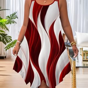 Women's Summer Casual Asymmetrical Hem Dress with Irregular Print & Double Straps - Navy Blue & White, Plus Size, Machine Washable, Relaxed Fit Attire, Nontransparent Material