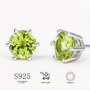 1 Pair Women's Classic Six-Claw Earrings - Plated White K, 925 Sterling Silver with Natural Peridot (1.5 Carats) - All-Season Jewelry | Elegant Bohemian Design | Lightweight 0.85g
