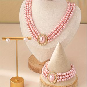 Multi-Layer Necklace Set Fashionable Light Pink Necklace Earrings Bracelet Casual Attire Valentine's Day Gift
