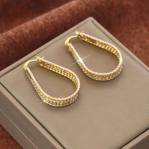 Elegant Golden-Tone Water Drop Ripple Hoop Earrings - Minimalist 925 Silvery Women's Oval Jewelry