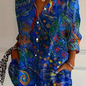 Women's Elegant Long Sleeve Floral Print Button-Up Shirt - Vibrant Blue, Green, Orange & Yellow Design, Loose Fit, Polyester Blend, Machine Washable, Perfect for Casual or Dressy Outfits
