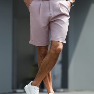 Men'S Light Pink Casual Summer Shorts - Versatile Workwear with Button Fly, Pleated Waist, and Double-Breasted Front, Lightweight Woven Fabric for Everyday Comfort