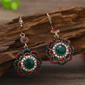 Pair of Women's Bohemian Sunflower Drop Earrings - KC Golden-Plated Zinc Alloy with Red & Green Gemstones & Accents, Elegant Dangle Jewelry for Casual Attire, Mother's Day Gift, Year-Round Accessories