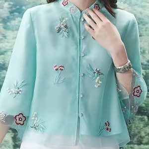 Women's Light Blue Floral Sun-Protective Shirt - Stand Collar Summer Top with Lining, Machine Washable Resort Wear for Beach Vacations & Casual Outings, Beach Clothes, Vacation Clothing, Elegant Embroidery, Delicate Detailing