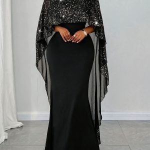 Women's Elegant Black Mermaid Dress with Star-Speckled Cape Sleeves - Stretchy Summer Party & Formal Attire, Plus Size Fitted Top & Flowy Skirt, Machine Washable, Elegant Outfit | Flowy Skirt Gown | Sleek Black Dress