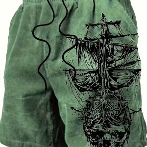 4pcs Set of Men's Casual Summer Shorts with 3D Compass and Nautical Chart Prints - Highly Elastic, Lightweight, Breathable, Regular Fit, Mid-rise, Suitable for Outdoor Activities.