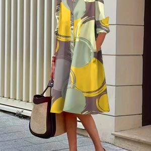 Women'S Elegant Long Sleeve Shirt Dress with Pockets - Stylish Yellow, Green, and Gray Abstract Print, Button-Up Collared Design for Summer Casual Outings, Casual Attire|Pocketed Dress|Single Breasted Dress