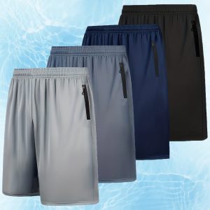 4pcs Men's Athletic Shorts - Quick Dry, Breathable Polyester with Zipper Pockets, Elastic Waistband, Perfect for Basketball, Soccer, Running & Fitness (Red, Blue, Gray, White), Fitness Apparel|Casual Sports Shorts|Microfiber Fabric