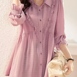 Women'S Light Pink Button-Up Shirt with Ruffle Trim - Casual Loose Fit Long Sleeve Collared Blouse for Spring, Summer & Fall, Polyester Fabric, Casual Attire | Collared Buttonup | Glossy Texture