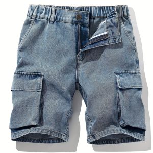 Men'S Loose Denim Shorts, Solid Casual Street Style Side Pockets Versatile Cargo Shorts, Classic Vintage Washed Rugged Wear Jorts, Comfy Outdoor Work Shorts for Fishing Hiking Camping Jogging, Bermuda Shorts
