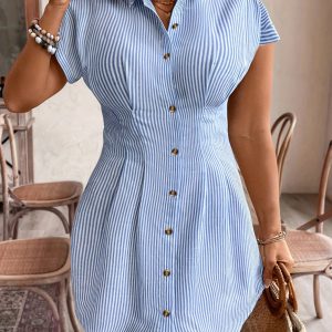 Women'S Plus Size Striped A-Line Shirt Dress - Comfortable Non-Stretch Fabric, Short Sleeve, Button-Up, High-Waist, Casual Office Dress for Summer, Casual Office Attire|Striped Dress|Short Sleeve Dress