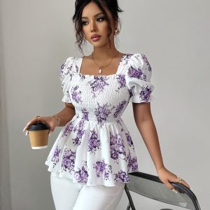 Elegant Floral A-Line Blouse with Puff Sleeves and Ruffled Neckline - Chic Square Neck, Short Sleeve, Springu002FSummeru002FFall Women'S Top, Floral Print Blouse