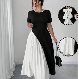 Elegant Plus Size Women'S Dress with Contrast Bow Detail - Round Neck, French Ruched Design, A-Line Silhouette, Stretchy Fabric, Perfect for Summer Outings, Elegant Event Attire|Ruched Waist Detail|Stretchy Fabric Dress