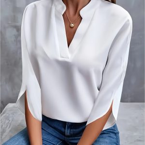 Women's V-Neck Blouse - Middle-eastern Style, Smooth Polyester Woven Fabric - Spring & Summer Casual Elegant Shirt | Relaxed Fit | Machine Washable