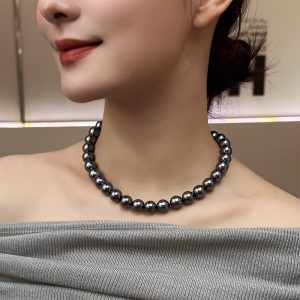 Large Black Pearl Diameter 0.394inch Necklace Tahiti Black Pearl Necklace Natural Sea Pearl S925 Sterling Silvery Accessories Non-allergic Wedding Wear Holiday Gift Birthday Gift