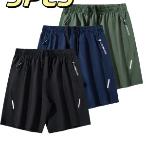 Vexalon 3pcs Men'S Summer Elastic Waist Drawstring Casual Sports Shorts - Breathable & Quick-Dry, Comfortable - With Zipper Pockets, Suitable For Outdoor Sports, Running, Hiking