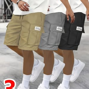 3-Pack Men's Cargo Shorts with Multiple Pockets - Sporty Casual Elastic Waistband Shorts for Running, Gym & Beach, Regular Fit Solid Color (Blacku002FMedium Khakiu002FDark Olive), Workout Shorts, Nonstretch Fabric